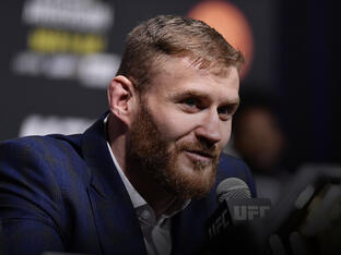 Jan Blachowicz of Poland interacts with media during the UFC 259 press conference at UFC APEX on March 04, 2021 in Las Vegas, Nevada. (Photo by Chris Unger/Zuffa LLC)