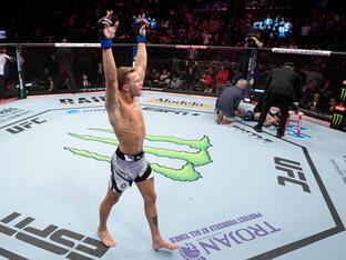 Francis Marshall reacts after his knockout victory over Marcelo Rojo of Argentina in a featherweight fight during the UFC Fight Night event at Amway Center on December 03, 2022 in Orlando, Florida. (Photo by Jeff Bottari/Zuffa LLC)