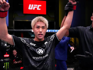 Tatsuro Taira of Japan reacts after his knockout victory against Carlos Hernandez in a flyweight fight during the UFC Fight Night event at UFC APEX on December 09, 2023 in Las Vegas, Nevada. (Photo by Jeff Bottari/Zuffa LLC 