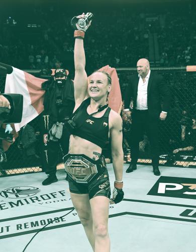 Valentina Shevchenko of Kyrgyzstan reacts after defeating Jessica Andrade of Brazil in their UFC women's flyweight championship bout during the UFC 261 event at VyStar Veterans Memorial Arena on April 24, 2021 in Jacksonville, Florida. (Photo by Josh Hedges/Zuffa LLC)