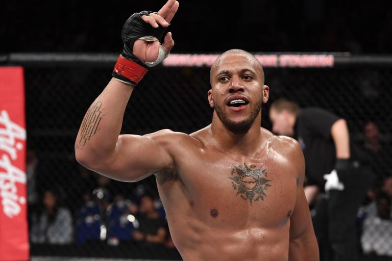 Ciryl Gane of France celebrates his submission victory over Don'Tale Mayes in their heavyweight bout during the UFC Fight Night event at Singapore Indoor Stadium on October 26, 2019 in Singapore. (Photo by Jeff Bottari/Zuffa LLC)