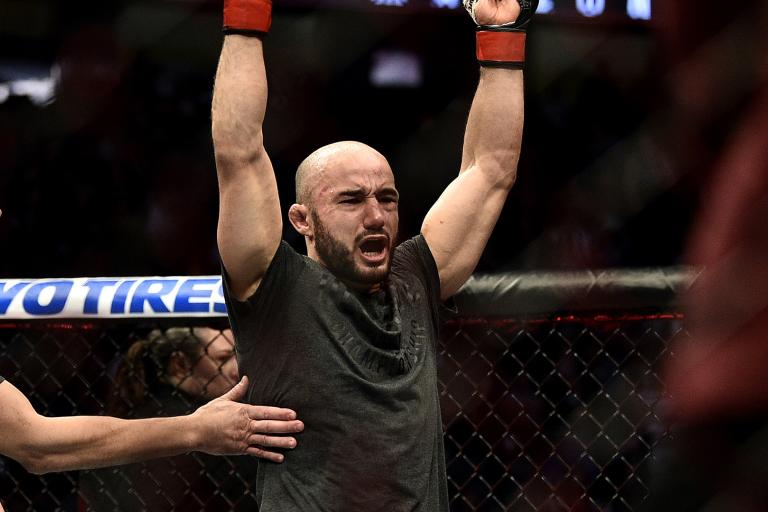 Marlon Moraes of Brazil celebrates his decision win against Jose Aldo of Brazil in their bantamweight bout during the UFC 245 event at T-Mobile Arena on December 14, 2019 in Las Vegas, Nevada. (Photo by Chris Unger/Zuffa LLC)
