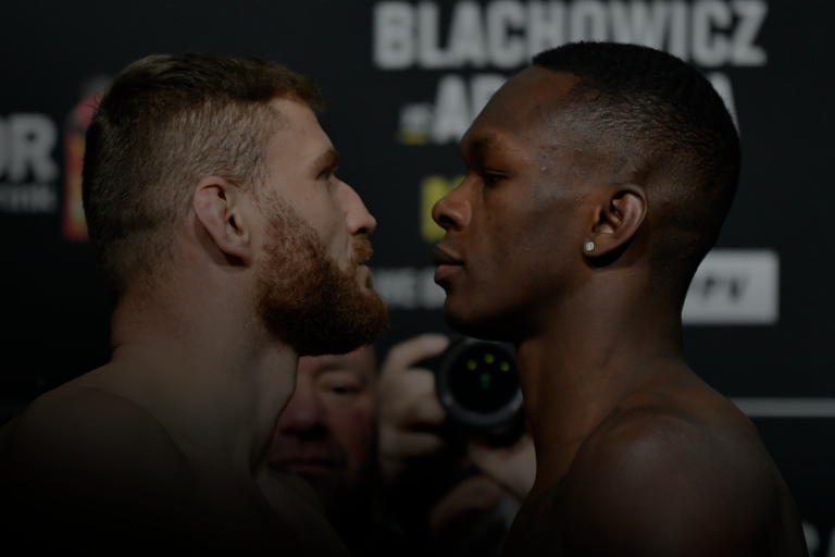 LAS VEGAS, NEVADA - MARCH 05: (L-R) Opponents Jan Blachowicz of Poland and Israel Adesanya of Nigeria face off during the UFC 259 weigh-in at UFC APEX on March 05, 2021 in Las Vegas, Nevada. (Photo by Jeff Bottari/Zuffa LLC)