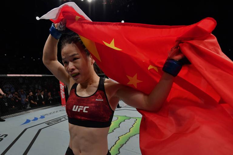 Zhang Weili of China celebrates after her knockout victory over Jessica Andrade of Brazil in their UFC strawweight championship bout during the UFC Fight Night event at Shenzhen Universiade Sports Centre on August 31, 2019 in Shenzhen, China. (Photo by Brandon Magnus/Zuffa LLC/Zuffa LLC)
