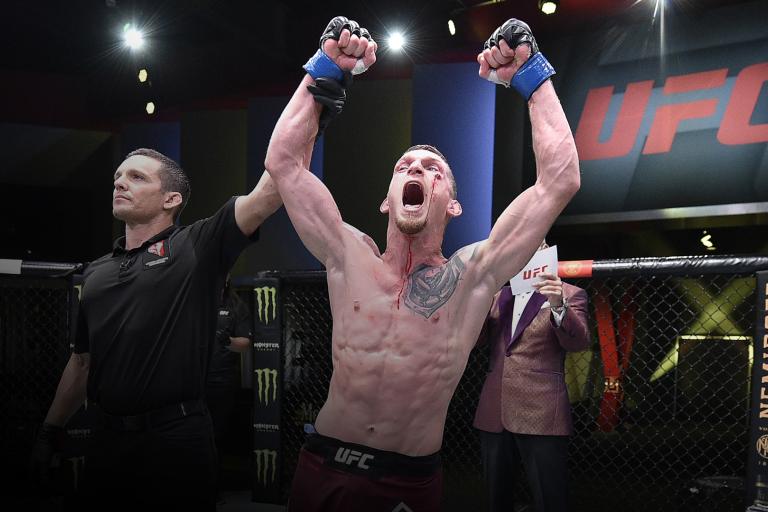David Dvorak of the Czech Republic reacts after his victory over Jordan Espinosa in their flyweight bout during the UFC Fight Night event at UFC APEX on September 19, 2020 in Las Vegas, Nevada. (Photo by Chris Unger/Zuffa LLC)