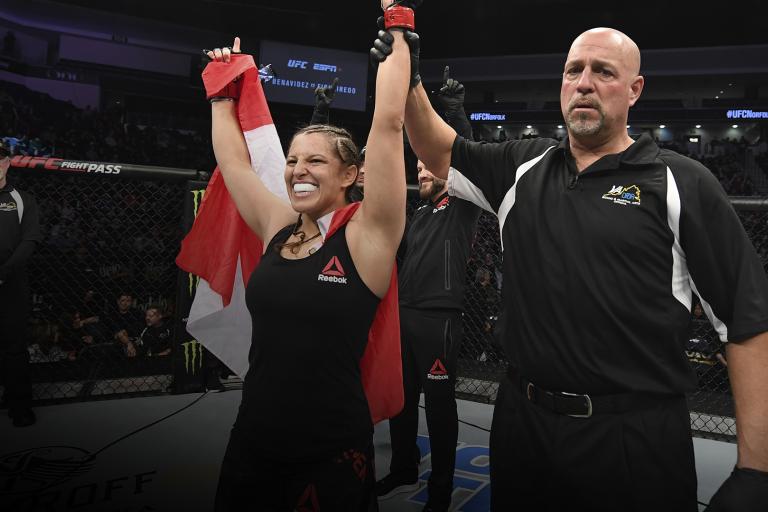 Felicia Spencer reacts after defeating Zarah Fairn in their women's featherweight bout during the UFC Fight Night event at Chartway Arena on February 29, 2020 in Norfolk, Virginia. (Photo by Josh Hedges/Zuffa LLC)