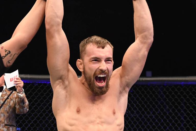 Ludovit Klein of Slovakia celebrates after defeating Shane Young of New Zealand in their featherweight bout during UFC 253 inside Flash Forum on UFC Fight Island on September 27, 2020 in Abu Dhabi, United Arab Emirates. (Photo by Josh Hedges/Zuffa LLC)