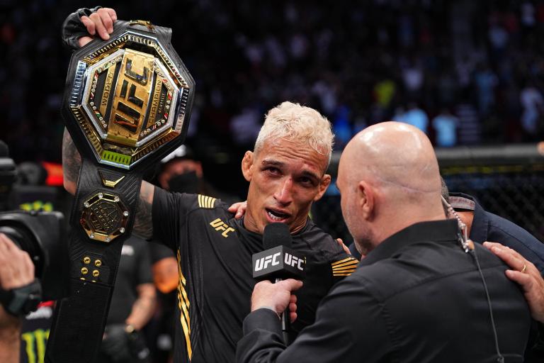 Charles Oliveira of Brazil is interviewed after defeating Michael Chandler in their UFC lightweight championship bout at Toyota Center on May 15, 2021 in Houston, Texas. (Photo by Josh Hedges/Zuffa LLC)