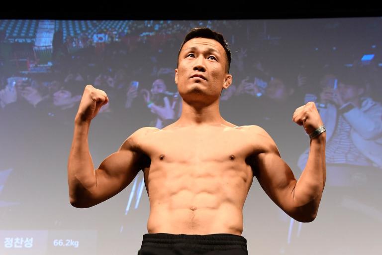 Chan Sung Jung of South Korea poses on the scale during the UFC fight night weigh-in at Sajik Arena on December 20, 2019 in Busan, South Korea. (Photo by Mike Roach/Zuffa LLC)
