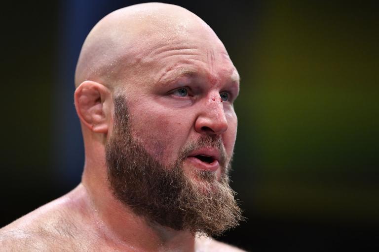 Ben Rothwell reacts after defeating Chris Barnett in their heavyweight bout during the UFC Fight Night event at UFC APEX on May 22, 2021 in Las Vegas, Nevada. (Photo by Chris Unger/Zuffa LLC)