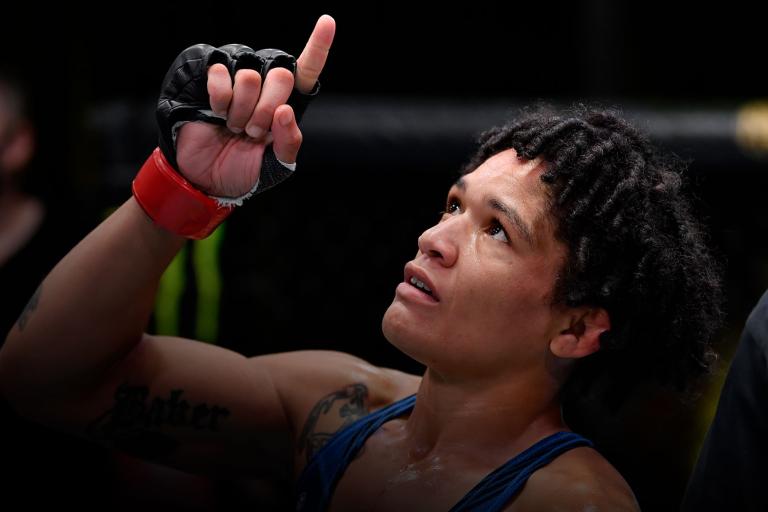  Sijara Eubanks reacts after her victory over Elise Reed in their flyweight fight during the UFC Fight Night event at UFC APEX on July 24, 2021 in Las Vegas, Nevada. (Photo by Jeff Bottari/Zuffa LLC)