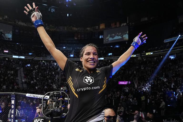 Julianna Pena celebrates her victory over Amanda Nunes of Brazil in their UFC bantamweight championship bout during the UFC 269 on December 11, 2021 in Las Vegas, Nevada. (Photo by Jeff Bottari/Zuffa LLC)