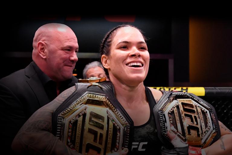 Amanda Nunes of Brazil reacts after her victory over Megan Anderson of Australia in their UFC featherweight championship fight during the UFC 259 event at UFC APEX on March 06, 2021 in Las Vegas, Nevada. (Photo by Jeff Bottari/Zuffa LLC)