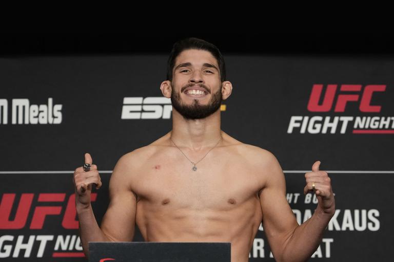 Bruno Souza of Brazil poses on the scale during the UFC Fight Night official weigh-in at the Renaissance Hotel on March 25, 2022 in Columbus, Ohio. (Photo by Mike Roach/Zuffa LLC)