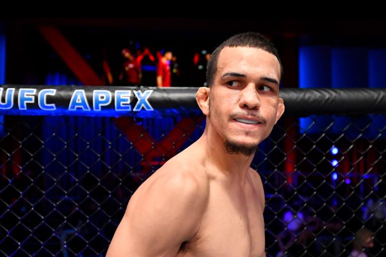 Carlos Candelario prepares to fight Victor Altamirano of Mexico in their flyweight fight during Dana White's Contender Series season five week one at UFC APEX on August 31, 2021 in Las Vegas, Nevada. (Photo by Chris Unger/Zuffa LLC)