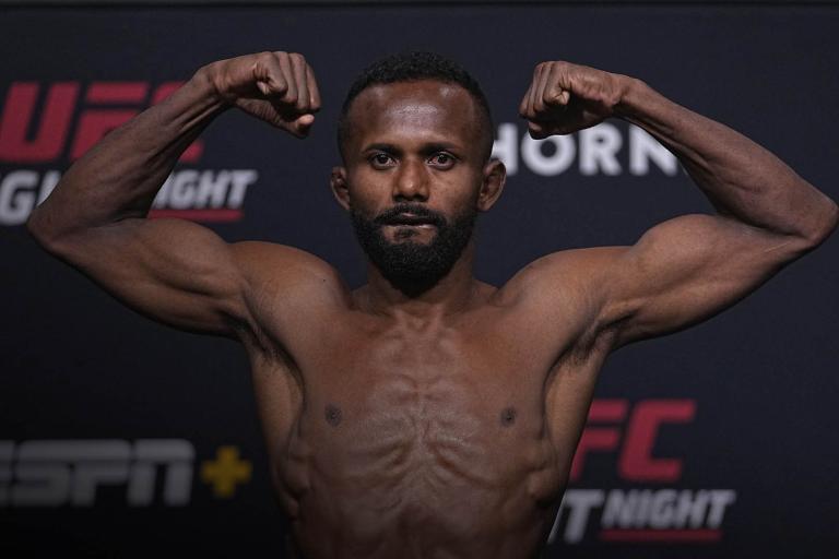 Francisco Figueiredo of Brazil poses on the scale during the UFC Fight Night weigh-in at UFC APEX on July 16, 2021 in Las Vegas, Nevada. (Photo by Jeff Bottari/Zuffa LLC)