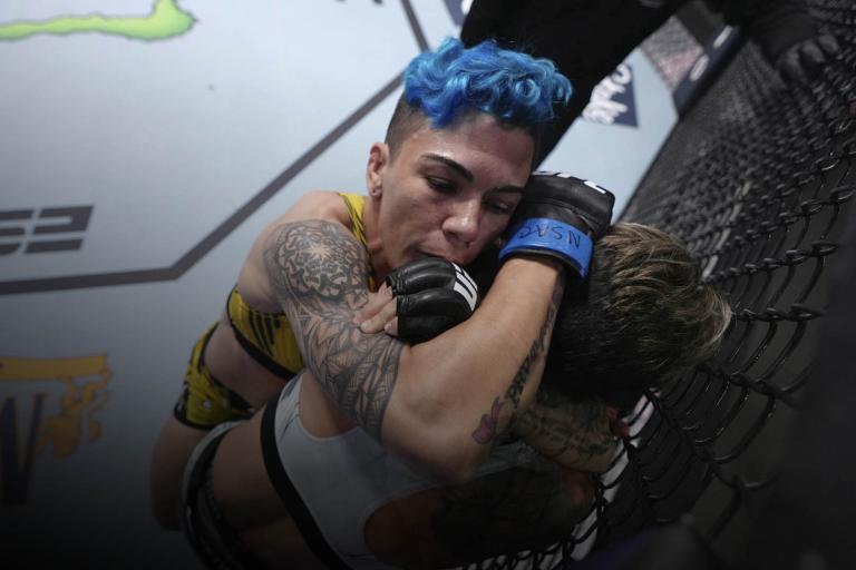 Jéssica Andrade Becomes First Fighter In UFC History To Score Standing Arm Triangle In Submission Win Over Amanda Lemos April 23, 2022 (Photo by Jeff Bottari/Zuffa LLC)