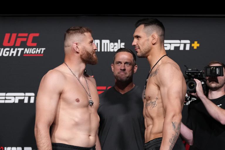 Opponents Jan Blachowicz of Poland and Aleksandar Rakic of Austria face off during the UFC Fight Night weigh-in at UFC APEX on May 13, 2022 in Las Vegas, Nevada. (Photo by Jeff Bottari/Zuffa LLC)
