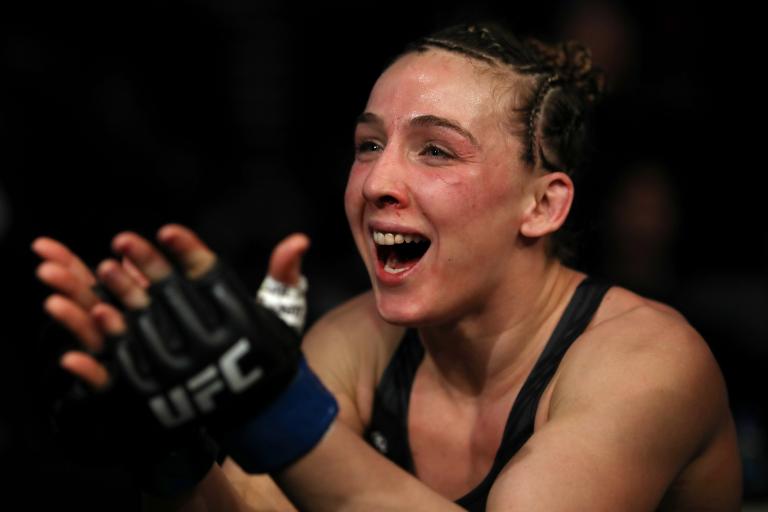 Vanessa Demopoulos reacts after defeating Silvana Gomez Juarez of Argentina by submission in their strawweight fight during the UFC 270 event at Honda Center on January 22, 2022 in Anaheim, California. (Photo by Katelyn Mulcahy/Getty Images)