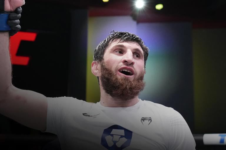 Magomed Ankalaev of Russia reacts after his victory over Thiago Santos of Brazil in their light heavyweight fight during the UFC Fight Night event at UFC APEX on March 12, 2022 in Las Vegas, Nevada. (Photo by Chris Unger/Zuffa LLC)