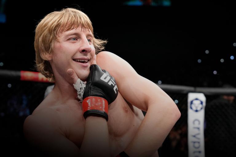 LONDON, ENGLAND - MARCH 19: Paddy Pimblett of England celebrates his submission victory over Kazula Vargas of Mexico in a lightweight fight during the UFC Fight Night event at O2 Arena on March 19, 2022 in London, England. (Photo by Chris Unger/Zuffa LLC)