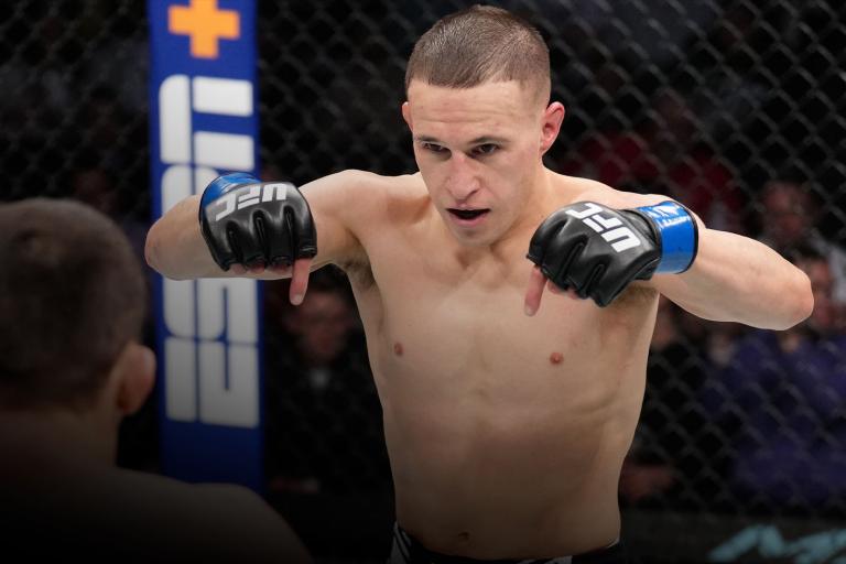 COLUMBUS, OHIO - MARCH 26: (R-L) Kai Kara-France of New Zealand points to the center of the Octagon during his flyweight fight against Askar Askarov of Russia during the UFC Fight Night event at Nationwide Arena on March 26, 2022 in Columbus, Ohio. (Photo by Josh Hedges/Zuffa LLC)