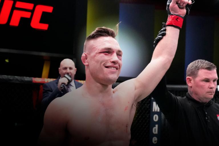 LAS VEGAS, NEVADA - MARCH 12: Drew Dober reacts after his victory over Terrance McKinney in their lightweight fight during the UFC Fight Night event at UFC APEX on March 12, 2022 in Las Vegas, Nevada. (Photo by Chris Unger/Zuffa LLC)