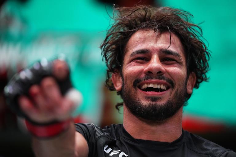 Alexandre Pantoja of Brazil reacts after his victory over Brandon Royval in a flyweight fight during the UFC Fight Night event at UFC APEX on August 21, 2021 in Las Vegas, Nevada. (Photo by Chris Unger/Zuffa LLC)