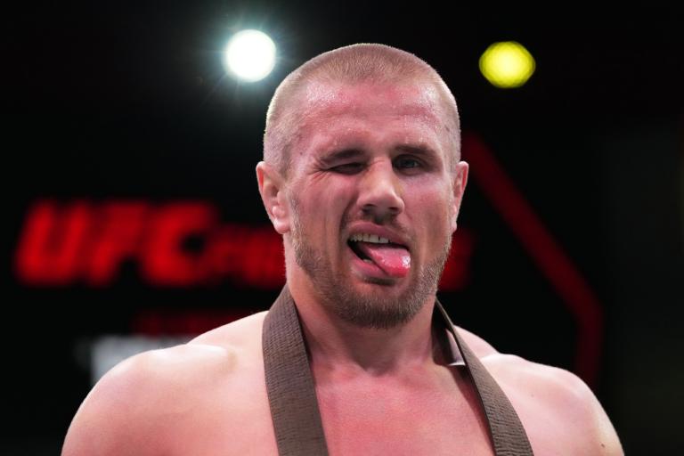 Alexandr Romanov of Moldova reacts after his victory over Chase Sherman in a heavyweight fight during the UFC Fight Night event at UFC APEX on April 30, 2022 in Las Vegas, Nevada. (Photo by Chris Unger/Zuffa LLC)