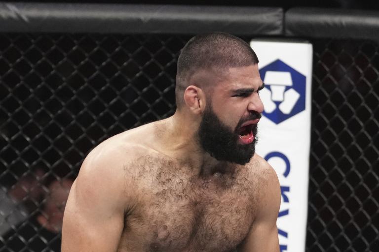 Jacob Malkoun of Australia reacts after defeating AJ Dobson in their middleweight fight during the UFC 271 event at Toyota Center on February 12, 2022 in Houston, Texas. (Photo by Josh Hedges/Zuffa LLC)