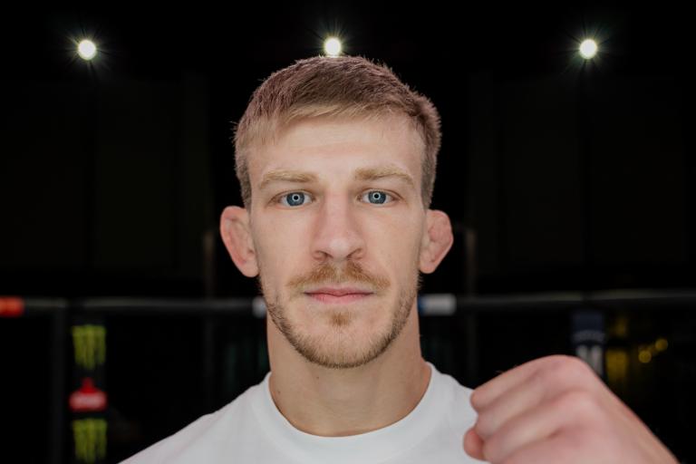 Arnold Allen poses for a photo inside the UFC Apex Octagon on October 26, 2022. (Photo by Kaylie Foster/Zuffa LLC)