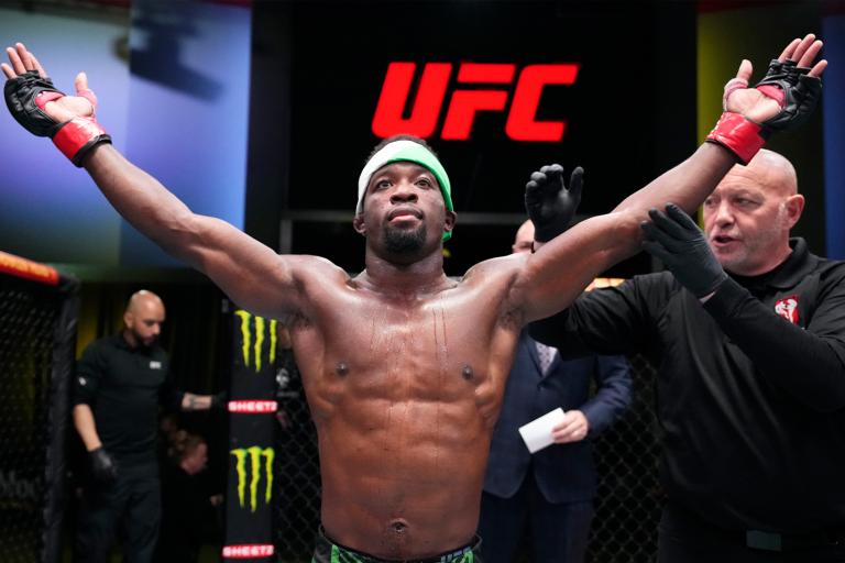 Sodiq Yusuff of Nigeria reacts after defeating Alex Caceres in their featherweight fight during the UFC Fight Night event at UFC APEX on March 12, 2022 in Las Vegas, Nevada. (Photo by Chris Unger/Zuffa LLC)