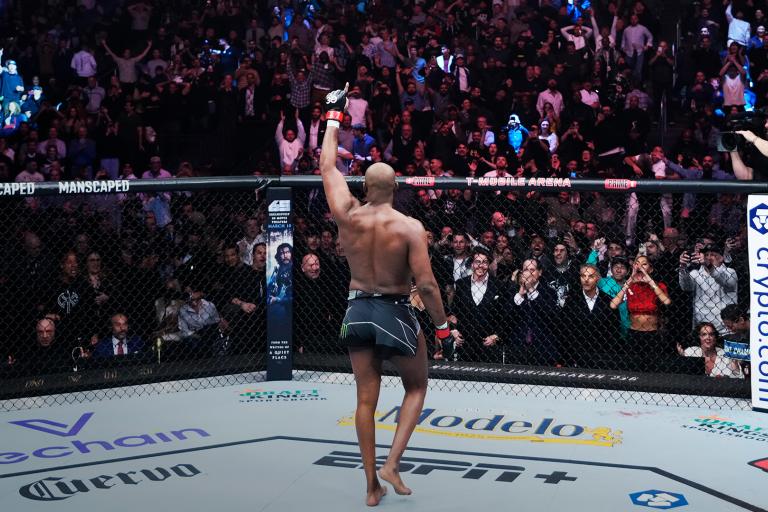 Jon Jones reacts to his win in the UFC heavyweight championship fight during the UFC 285 event at T-Mobile Arena on March 04, 2023 in Las Vegas, Nevada. (Photo by Jeff Bottari/Zuffa LLC)