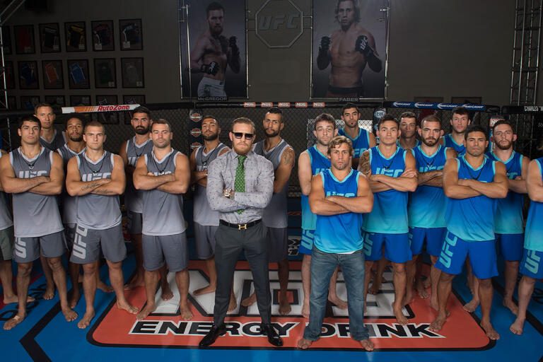 Team McGregor and Team Faber pose for a team photo during filming of The Ultimate Fighter on August 4, 2014 in Las Vegas, Nevada. (Photo by Brandon Magnus/Zuffa LLC)
