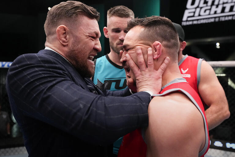 TUF 31 coaches Conor McGregor and Michael Chandler at a lightweight fight during the filming of The Ultimate Fighter at UFC Apex on March 2, 2023 in Las Vegas, Nevada. (Photo by Chris Unger/Zuffa LLC)