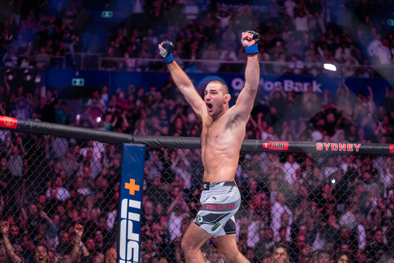 Sean Strickland reacts at the conclusion of his UFC middleweight championship fight against Israel Adesanya of Nigeria during the UFC 293 event at Qudos Bank Arena on September 10, 2023 in Sydney, Australia. (Photo by Nolan Walker/Zuffa LLC)