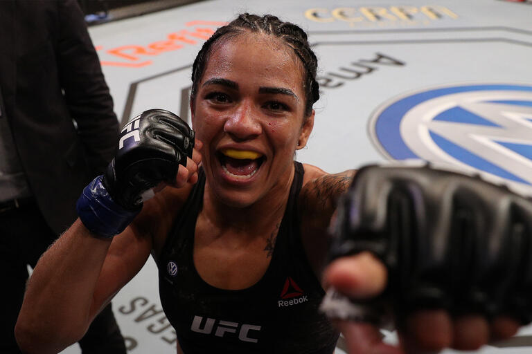 Viviane Araujo of Brazil reacts after her TKO victory over Talita Bernardo of Brazil in their women's bantamweight bout during the UFC 237 event at Jeunesse Arena on May 11, 2019 in Rio De Janeiro, Brazil. (Photo by Buda Mendes/Zuffa LLC/Zuffa LLC)