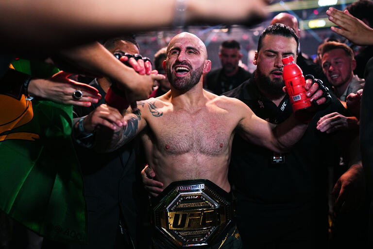Alexander Volkanovski of Australia exits the Octagon after the UFC featherweight championship fight during the UFC 290 event at T-Mobile Arena on July 08, 2023 in Las Vegas, Nevada. (Photo by Cooper Neill/Zuffa LLC via Getty Images)