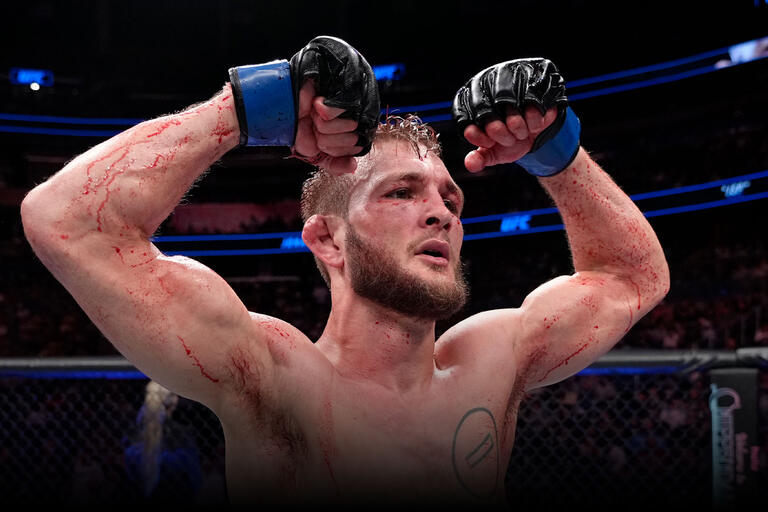 Jonathan Pearce reacts after his unanimous-decision victory over Darren Elkins in a featherweight fight during the UFC Fight Night event at Amway Center on December 03, 2022 in Orlando, Florida. (Photo by Jeff Bottari/Zuffa LLC)