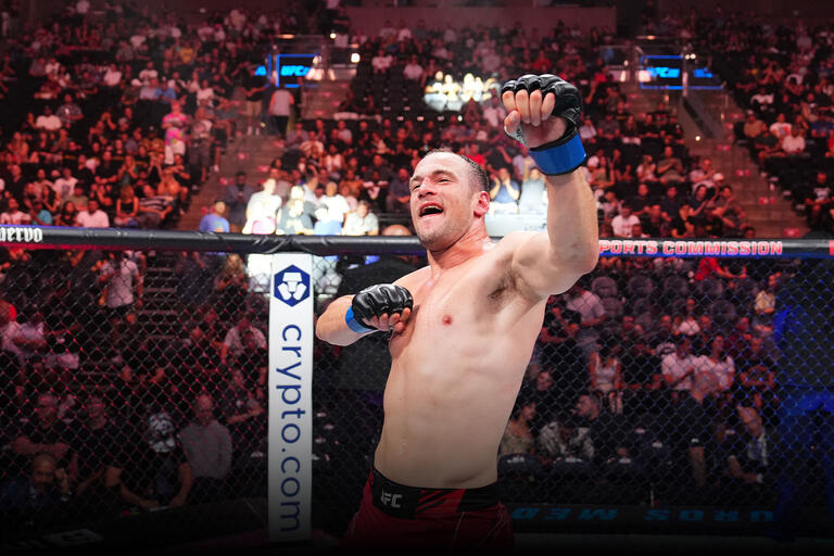 Uros Medic of Serbia celebrates his victory over Matthew Semelsberger in a welterweight fight during the UFC 291 event at Delta Center on July 29, 2023 in Salt Lake City, Utah. (Photo by Josh Hedges/Zuffa LLC)