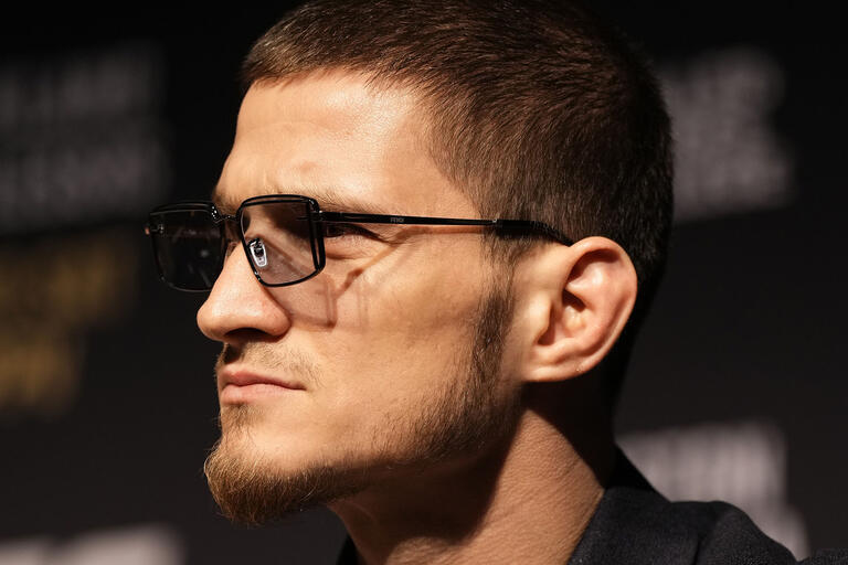 Movsar Evloev of Russia is seen on stage during the UFC 297 press conference at The Elgin and Winter Garden Theatre Centre on January 18, 2024 in Toronto, Ontario. (Photo by Mike Roach/Zuffa LLC via Getty Images)