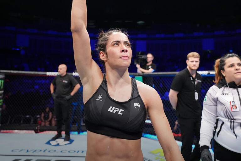  Bruna Brasil of Brazil reacts after defeating Shauna Bannon of Ireland in their women's strawweight fight during the UFC Fight Night at The O2 Arena on July 22, 2023 in London, England. (Photo by Chris Unger/Zuffa LLC)