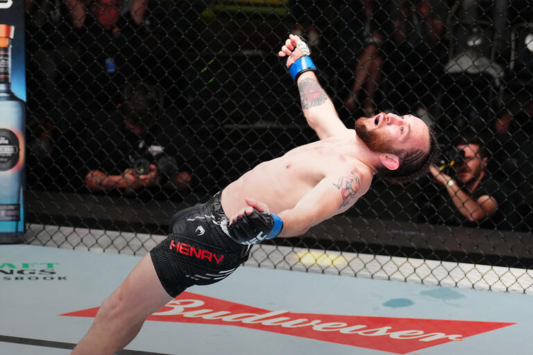 Victor Henry reacts after his TKO victory against Rani Yahya of Brazil in a bantamweight bout during the UFC Fight Night event at UFC APEX on April 27, 2024 in Las Vegas, Nevada. (Photo by Chris Unger/Zuffa LLC)