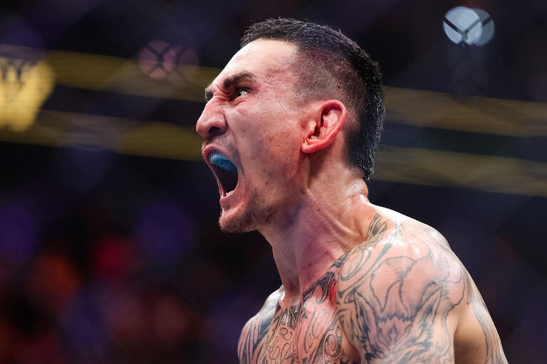 Max Holloway reacts to defating Justin Gaethje in their BMF title fight at T-Mobile Arena on April 13, 2024 in Las Vegas, Nevada. (Photo by Carmen Mandato/Getty Images)