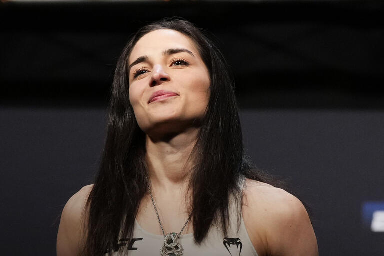 Veronica Hardy of Venezuela poses on the scale during the UFC 286 ceremonial weigh-in at The O2 Arena on March 17, 2023 in London, England. (Photo by Jeff Bottari/Zuffa LLC via Getty Images)