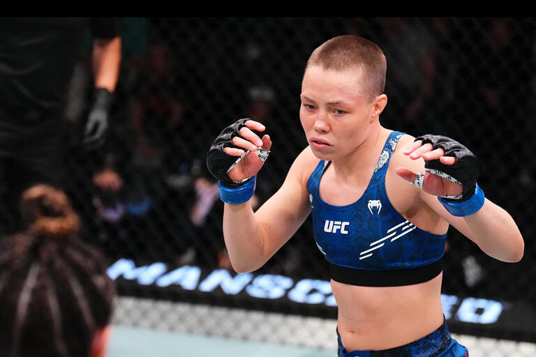 Rose Namajunas battles Amanda Ribas of Brazil in a flyweight fight during the UFC Fight Night event at UFC APEX on March 23, 2024 in Las Vegas, Nevada. (Photo by Chris Unger/Zuffa LLC)