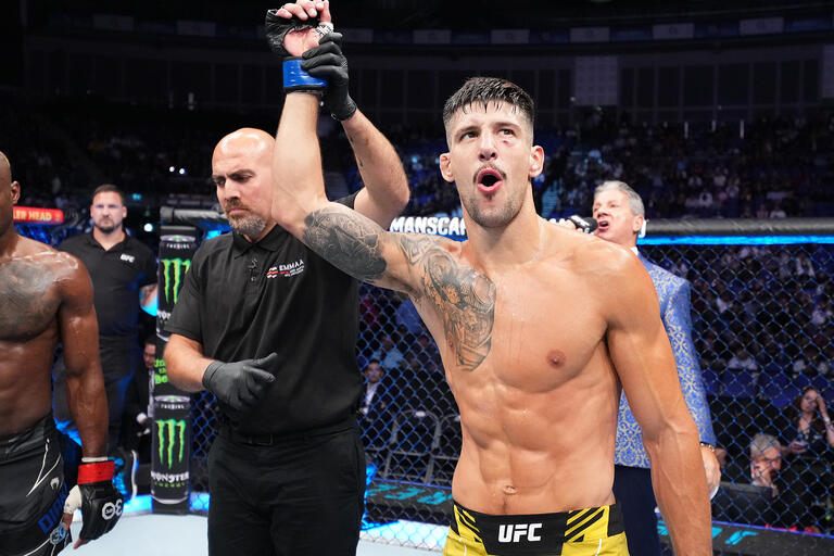 Joel Alvarez of Spain reacts after defeating Marc Diakiese of The Democratic Republic of Congo in their lightweight fight during the UFC Fight Night at The O2 Arena on July 22, 2023 in London, England. (Photo by Chris Unger/Zuffa LLC)