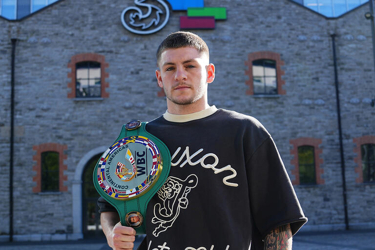 Callum Walsh poses outside 3Arena in Dublin, Ireland, where he defends his WBC Continental Americas Super Welterweight title in a main event bout against Przemyslaw Runowski on Friday, September 20. (Zuffa LLC)