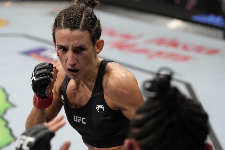 Marina Rodriguez of Brazil battles Yan Xiaonan of China in their lightweight fight during the UFC 272 event on March 05, 2022 in Las Vegas, Nevada. (Photo by Jeff Bottari/Zuffa LLC)