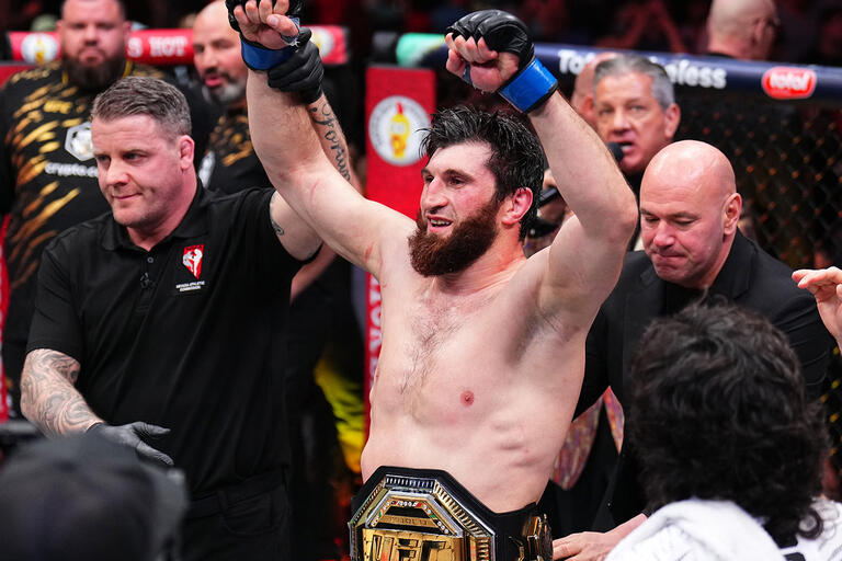 Magomed Ankalaev of Russia reacts after a unanimous-decision victory against Alex Pereira of Brazil in the UFC light heavyweight championship fight during the UFC 313 event at T-Mobile Arena on March 08, 2025 in Las Vegas, Nevada. (Photo by Chris Unger/Zuffa LLC)